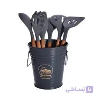 سرویس 7 پارچه کفگیر ملاقه سیلیکونی دسته چوب و سطل فلزی نیوهوم