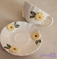 فنجان نلبکی سرامیکی برجسته کاری طرح گل زرد