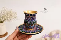 استکان و نعلبکی سفالی نقطه‌کوبی دست‌ساز | دکوری سنتی ایرانی