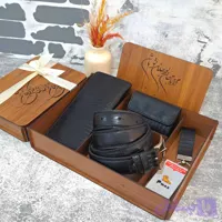 ست هدیه چرم مردانه چرم طبیعی کیف پول و کمربند مدل 4 تیکه لیزارد مشکی
