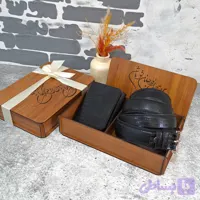 ست هدیه چرم مردانه چرم طبیعی کیف پول و کمربند مدل 2 تیکه جیبی 3 لت لیزارد مشکی