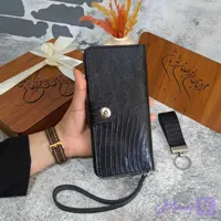 ست هدیه چرم کیف پول چرم مردانه چرم طبیعی مدل جاموبایلی دار لیزارد مشکی