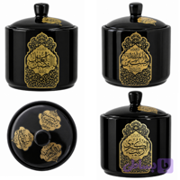 قندان چینی دایره ای مشکی قطر 11سانت تذهیب دار یا حسین یا عباس -روی درب 3گل اسامی مختلف کد 104909