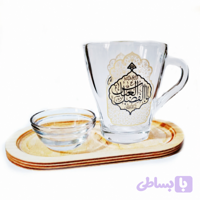 سرویس سه پارچه لیوان و قندان بلوری و سینی چوبی طرح یا حسین ع و یا عباس ع-پامنبری هیئت-ست مداح کد 104787