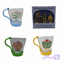 لیوان شیشه ای شفاف کودکانه طرح های امام زمان عج-قطر دهانه7 ارتفاع 7.5-دسته پلاستیکی رنگی جدا کد 104626