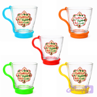 لیوان شیشه ای شفاف کودکانه طرح حضرت فاطمه و ایام فاطمیه-قطر دهانه 7 ارتفاع 7.5-دسته پلاستیکی رنگی جدا کد 104640
