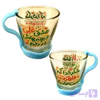 لیوان شیشه ای شفاف کودکانه طرح عشق علی و بچه هاش در دلم-قطر دهانه 7 ارتفاع 7.5-دسته پلاستیکی رنگی جدا کد 103488