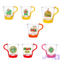 لیوان شیشه ای شفاف کودکانه طرح های امام رضایی-قطر دهانه 7 ارتفاع 7.5-دسته پلاستیکی رنگی جدا کد 103443