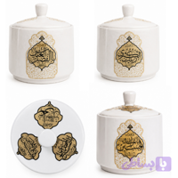 قندان چینی دایره ای سفید قطر 11سانت تذهیب دار یا حسین یا عباس -روی درب 3گل اسامی مختلف کد 104924