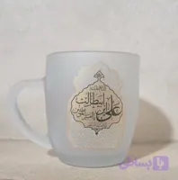 102537-لیوان شیشه ای دسته دار مات طلایی یا علی بن ابی طالب ع دو طرف چاپ
