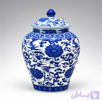 بانکه چینی آبی و سفید طرح گل و اسلیمی درب‌دار