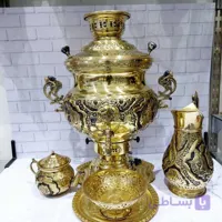 سماور 12 لیتری گازی مهسان تنوره دار / طلایی با سیاه قلمزنی گل