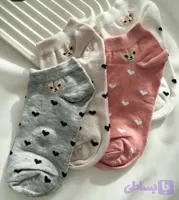 جوراب مچی زنانه ودخترانه فانتزی طرح تدی قلبی بسته بندی سلفونی 12 جفتی پنجه گیری روسو تخت