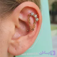 پیرسینگ پیچی نقره عیار ۹۲۵ با آبکاری طلا – مدل زنجیر و نگین (ضد حساسیت)