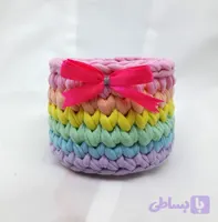 سبد قلاب‌بافی مدل رنگین کمان | سبد تریکو دستباف