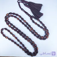 تسبیح کهربا پودری زرافشان 101عددی رنگ قهوه‌ای خوشدست و زیبا همراه بافت شکیل