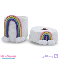 سطل و جای دستمال کاغذی باکیفیت و عروسکی اتاق کودک قیطان طرح رنگین کمان رنگ کرم
