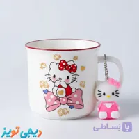 ماگ سرامیکی هلو کیتی طرح گلی + آویز عروسکی (Hello Kitty Ceramic Mug)