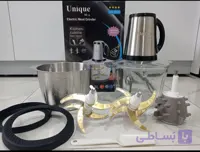 خردکن دوکاسه 3/8 لیتر یونیک مکس- 6+6 تیغه تیتانیوم طلایی همراه با سیرپوست کن و کاردک مدل 8003