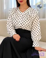 شومیز یقه خورشیدی سفید طرح توپی مشکی جاسمین
