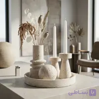 ست سنگی تراورتن هارمونی(سینی+جاعودی+گلدان و 2 عدد شمعدان) کد45481