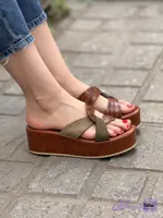 صندل زنانه لژ یکسره پیچ سبز عسلی 487