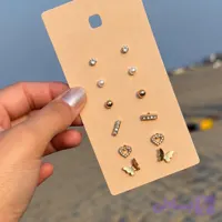 پک گوشواره 6 جفتی طلایی گلد نگین دار دخترانه قلبی پروانه ای کد 3037
