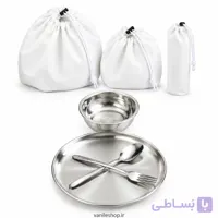 ست ظروف استیل 4 نفره و کیسه پارچه‌ای؛ کاسه، بشقاب، قاشق و چنگال