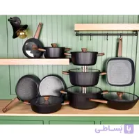 سرویس قابلمه و تابه 17 پارچه گرانیتی گری پن مدل دسته طرح چوبی