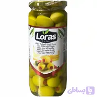 زیتون سبز با مغز فلفل وکیومی لوراس Loras Biber Dolgulu Yesil Zeytin وزن 800 گرم
