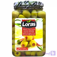 زیتون سبز با مغز فلفل وکیومی لوراس Loras Biberli Yesil Zeytin وزن 400 گرم