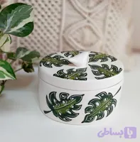 شکلات خوری و آجیل خوری سرامیکی دست ساز بزرگ با طرح برگ انجیری نقاشی زیرلعاب
