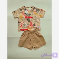 ست دو تیکه بلوز و شلوارک نوزادی کوالا پنبه و جین کاغذی 4 سایز 3 تا 18 ماه سبز طوسی کرم مهمانی