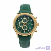 ساعت مچی زنانه بلیزر طلایی صفحه سبز بند چرمی طرح سه موتور با تقویم و موتور میوتا ژاپن