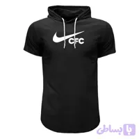 تیشرت کلاه دار مردانه آستین کوتاه نخی طرح cfc رنگ مشکی سایز L XL XXL
