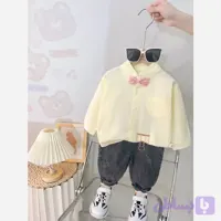 ست پیراهن جلو دکمه رنگ کره ای و شلوار جین بچگانه وارداتی