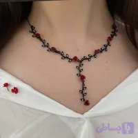ست گردنبند و گوشواره رز شرابی و برگ های ظریف مشکی