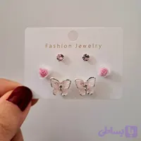 پک گوشواره میخی سه جفتی گل رز و پروانه صورتی