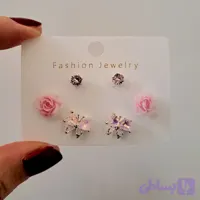 پک گوشواره میخی سه جفتی پروانه و گل رز