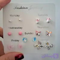 پک گوشواره میخی هفت جفتی پروانه و گل رز