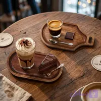2 عدد سینی چوبی سرو بیضی و دسته دار کافی شاپی