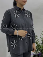 شومیز جین ذغالی طرح شبدر