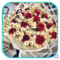دسته گل مدل «نجوای عشق» (ترکیب رز قرمز هلندی و بابونه وحشی)