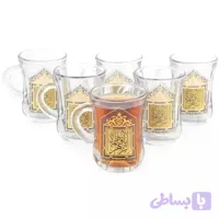 استکان کمر باریک دسته دار، ست ۶ عددی ،مزین به یا فاطمه الزهرا سلام الله علیها طرح ۵ ضلعی