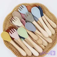 قاشق و چنگال چوبی سر سیلیکونی کودک و نوراد