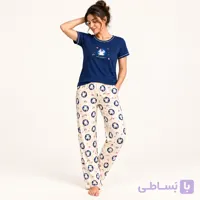 ست تیشرت و شلوار زنانه ۱۰۰٪ کتان طرح گل سرمه‌ای