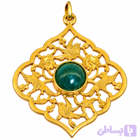 آویز نقره قلمزنی گل و مرغ با عقیق سبز فیروزه ای و آبکاری طلا با ضمانت اصالت