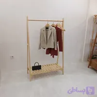 رگال لباس چوبی مدل یک طبقه به همراه 6 عدد چوب لباسی چوبی قلاب طلایی