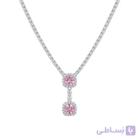 گردنبند زنانه پلاک متصل استیل مدل مربع صورتی فول نگین تنیسی کد 502