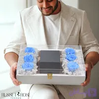 باکس صندوقی چرمی ۶ شاخه رز جاودان آبی آسمانی با هورتانسیا